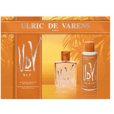 Ulric de Varens Zestaw perfum męskich UDV VIP Woda toaletowa 100 ml + dezodorant w sprayu 200 ml Drzewny, Morski, Musujące cytrusy Ulric de Varens Zestaw perfum męskich UDV VIP Woda toaletowa 100 ml + dezodorant w sprayu 200 ml Drzewny, Morski, Musujące cytrusy