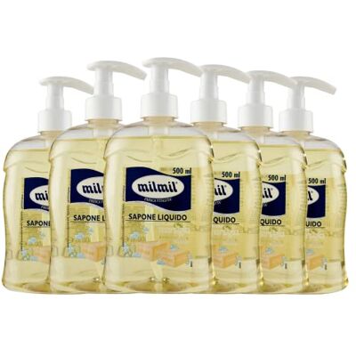 Milmil Mydło w płynie, zapach Marsylii, z dozownikiem, mydłem do rąk, twarzy i ciała, testowane dermatologicznie 6 x 500 ml Milmil Mydło w płynie, zapach Marsylii, z dozownikiem, mydłem do rąk, twarzy i ciała, testowane dermatologicznie 6 x 500 ml