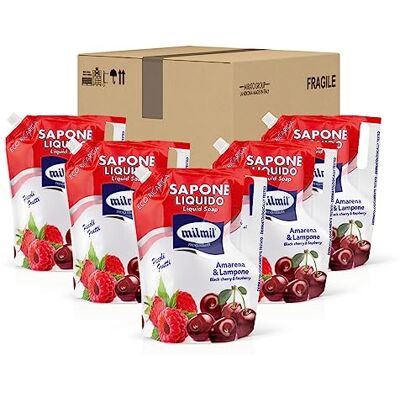 Milmil Mydło w płynie z małymi owocami, zapach wiśni i malin, format uzupełniania torebki, mydło do rąk, twarzy i ciała, testowane dermatologicznie 5 x 900 ml Milmil Mydło w płynie z małymi owocami, zapach wiśni i malin, format uzupełniania torebki, mydło do rąk, twarzy i ciała, testowane dermatologicznie 5 x 900 ml