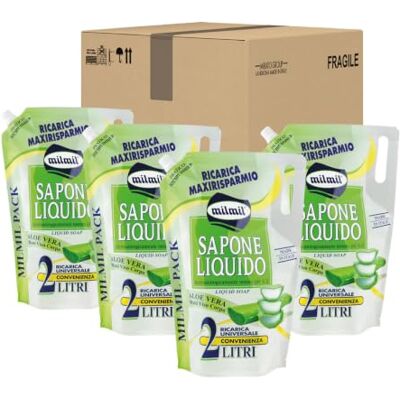 Milmil Delice Mydło w płynie, Zapach Aloe Vera, Uniwersalne Ładowanie Maxisavo, Testowane dermatologicznie 2000 ML x 4 Milmil Delice Mydło w płynie, Zapach Aloe Vera, Uniwersalne Ładowanie Maxisavo, Testowane dermatologicznie 2000 ML x 4