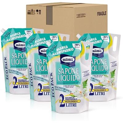 Milmil Mydło w płynie, Zapach Mech Biały, Uniwersalne Ładowanie, Testowane dermatologicznie 4 x 2000 ML Milmil Mydło w płynie, Zapach Mech Biały, Uniwersalne Ładowanie, Testowane dermatologicznie 4 x 2000 ML