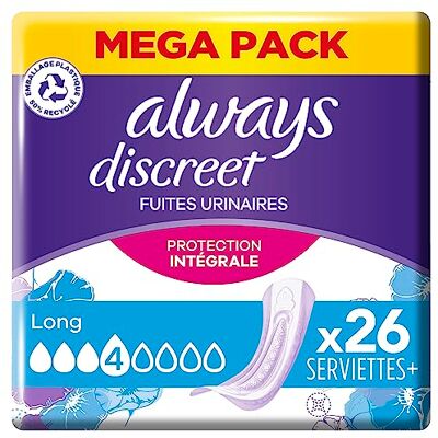Always Discreet 26 damskich wkładek na nietrzymanie moczu, długie, 4 krople, chłonna ochrona przed ważnym nietrzymaniem moczu lub po porodzie Always Discreet 26 damskich wkładek na nietrzymanie moczu, długie, 4 krople, chłonna ochrona przed ważnym nietrzymaniem moczu lub po porodzie