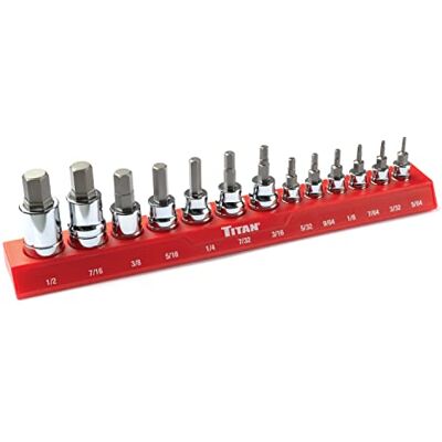 Titan 85530 13-częściowy zestaw nasadek sześciokątnych SAE, magnetyczny organizer gniazd z laserowo wygrawerowanymi oznaczeniami rozmiarów, czarny Titan 85530 13-częściowy zestaw nasadek sześciokątnych SAE, magnetyczny organizer gniazd z laserowo wygrawerowanymi oznaczeniami rozmiarów, czarny