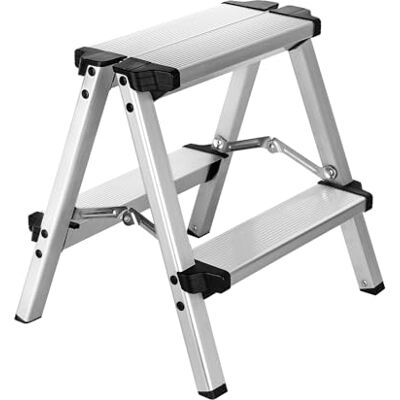 Miscoos Składana aluminiowa drabina 2 stopnie, mała drabina do domu, z podwójnym dostępem, antypoślizgowa i stabilna, maksymalna pojemność 150 kg, łatwa do przechowywania Miscoos Składana aluminiowa drabina 2 stopnie, mała drabina do domu, z podwójnym dostępem, antypoślizgowa i stabilna, maksymalna pojemność 150 kg, łatwa do przechowywania