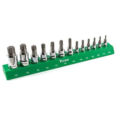 Titan 85532 13-częściowy zestaw gniazd bitowych Torx, magnetyczny organizer na gniazda z laserowo wytrawionymi oznaczeniami rozmiaru Titan 85532 13-częściowy zestaw gniazd bitowych Torx, magnetyczny organizer na gniazda z laserowo wytrawionymi oznaczeniami rozmiaru