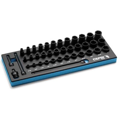 Capri Tools 3/20.3 cm Drive Master płytkie, półgłębokie i głębokie gniazdo udarowe zestaw z przedłużkami i przegubem uniwersalnym, SAE, 5/16 do 2.5 cm, 40-częściowy z tacą mechaniczną Capri Tools 3/20.3 cm Drive Master płytkie, półgłębokie i głębokie gniazdo udarowe zestaw z przedłużkami i przegubem uniwersalnym, SAE, 5/16 do 2.5 cm, 40-częściowy z tacą mechaniczną