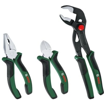 Bosch 3-częściowy zestaw szczypiec premium (3 pary, precyzyjne kombinerki, szczypce boczne, klucz nastawny ergonomiczne uchwyty z miękką okładziną Softgrip, niklowana powierzchnia) – Amazon Edition Bosch 3-częściowy zestaw szczypiec premium (3 pary, precyzyjne kombinerki, szczypce boczne, klucz nastawny ergonomiczne uchwyty z miękką okładziną Softgrip, niklowana powierzchnia) – Amazon Edition