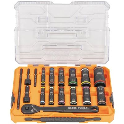 KLEIN TOOLS 65626 KNECT Zestaw nasadek z klapką, gniazda głębokiego uderzenia, grzechotka 3/8 cala, 24 rozmiary SAE i gniazda metryczne, obudowa MODbox, 18-częściowy KLEIN TOOLS 65626 KNECT Zestaw nasadek z klapką, gniazda głębokiego uderzenia, grzechotka 3/8 cala, 24 rozmiary SAE i gniazda metryczne, obudowa MODbox, 18-częściowy
