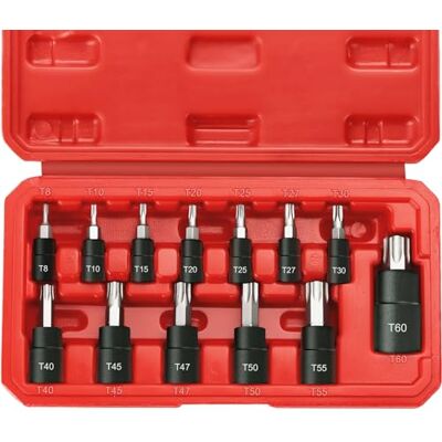 RIMKOLO 13-częściowy zestaw nasadek bitowych Torx, 1/10.2 cm, 3/20.3 cm i 1/5.1 cm T8-T60 Star, bity ze stali S2 i gniazda CR-V z etui do przechowywania RIMKOLO 13-częściowy zestaw nasadek bitowych Torx, 1/10.2 cm, 3/20.3 cm i 1/5.1 cm T8-T60 Star, bity ze stali S2 i gniazda CR-V z etui do przechowywania