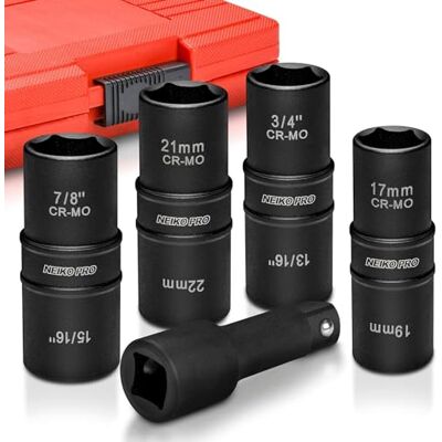 Neiko 02282B Zestaw nasadek udarowych z napędem 1/5.1 cm, zestaw nasadek z klapką, stal chromowana, zawiera przedłużenie pręta 7.6 cm, 8 głębokich rozmiarów SAE i metryczne, 5 sztuk Neiko 02282B Zestaw nasadek udarowych z napędem 1/5.1 cm, zestaw nasadek z klapką, stal chromowana, zawiera przedłużenie pręta 7.6 cm, 8 głębokich rozmiarów SAE i metryczne, 5 sztuk