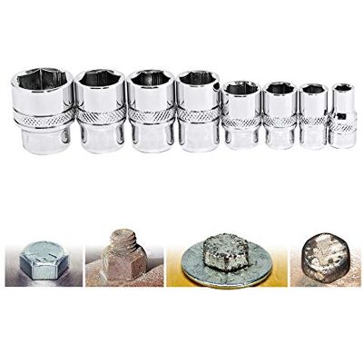 Powerbuilt 941322 8-częściowy zestaw metrycznych gniazd Zeon do standardowych, zardzewiałych, zaokrąglonych śrub i nakrętek, rozmiar od 6 mm do 19 mm, srebrny Powerbuilt 941322 8-częściowy zestaw metrycznych gniazd Zeon do standardowych, zardzewiałych, zaokrąglonych śrub i nakrętek, rozmiar od 6 mm do 19 mm, srebrny