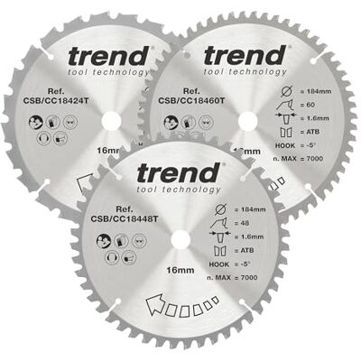 Trend Tarcze do pilarki ukośnej 184 mm 16 mm 24/48/60T 3 szt. TCT Trend Tarcze do pilarki ukośnej 184 mm 16 mm 24/48/60T 3 szt. TCT