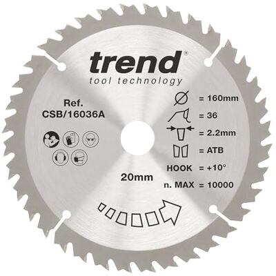 Trend Wood Blade do piły tarczowej, średnica 160 mm, otwór 20 mm, 36 zębów, grubość 2,2 mm, hak +10°, TCT, wykończenie końcowe, CSB/16036A Trend Wood Blade do piły tarczowej, średnica 160 mm, otwór 20 mm, 36 zębów, grubość 2,2 mm, hak +10°, TCT, wykończenie końcowe, CSB/16036A