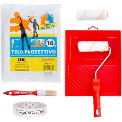 PENNELLIFICIO 2000 Zestaw do malowania krawędzi, z 1 wałkiem, 1 pędzlem, 1 tacką, taśmą maskującą, ręcznikiem ochronnym i wymianą rolki, zestaw krawędzi, zestaw malarski Made in Italy PENNELLIFICIO 2000 Zestaw do malowania krawędzi, z 1 wałkiem, 1 pędzlem, 1 tacką, taśmą maskującą, ręcznikiem ochronnym i wymianą rolki, zestaw krawędzi, zestaw malarski Made in Italy