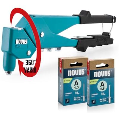 Novus Tools Nitownica zrywalna N-25 Vario zestaw 100 nitów zrywalnych, szczypce do nitów z aluminium z głowicą obrotową 360°, obsługa jedną ręką, ergonomiczny uchwyt, sprężyna powrotna Novus Tools Nitownica zrywalna N-25 Vario zestaw 100 nitów zrywalnych, szczypce do nitów z aluminium z głowicą obrotową 360°, obsługa jedną ręką, ergonomiczny uchwyt, sprężyna powrotna