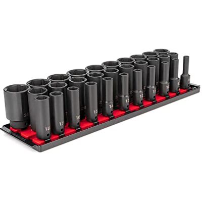 TEKTON 1/2 Inch Drive Deep 6-Point Impact Socket Set with Rails, 31-Piece (8-38 mm) SID92105 TEKTON 1/2 Inch Drive Deep 6-Point Impact Socket Set with Rails, 31-Piece (8-38 mm) SID92105