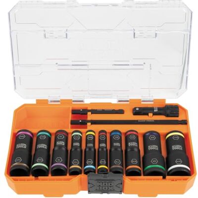 KLEIN TOOLS 65239 KNECT 13-częściowy zestaw nasadek udarowych z obudową modułową, wytrzymałe, 20 SAE, rozmiary metryczne, 10 gniazd do napędów 1/4 i 3/8 cala KLEIN TOOLS 65239 KNECT 13-częściowy zestaw nasadek udarowych z obudową modułową, wytrzymałe, 20 SAE, rozmiary metryczne, 10 gniazd do napędów 1/4 i 3/8 cala