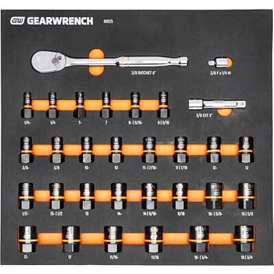 GEARWRENCH 86525 Zestaw nasadek metrycznych/SAE z grzechotką, z tacą z pianki EVA, 31-części, czarny GEARWRENCH 86525 Zestaw nasadek metrycznych/SAE z grzechotką, z tacą z pianki EVA, 31-części, czarny