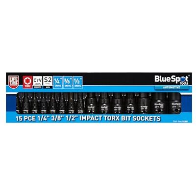 Blue Spot Tools 15 szt. 1/4 3/8 cala 1/2 cala udarowe gniazda bitowe Torx (T6-T70) Blue Spot Tools 15 szt. 1/4 3/8 cala 1/2 cala udarowe gniazda bitowe Torx (T6-T70)