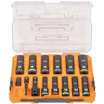 KLEIN TOOLS 65111IMPCTM KNECT zestaw nasadek udarowych, napęd 1/2 cala, metryczny, oznaczony kolorami, obudowa MODbox, adapter udarowy i przedłużka, 14-częściowy KLEIN TOOLS 65111IMPCTM KNECT zestaw nasadek udarowych, napęd 1/2 cala, metryczny, oznaczony kolorami, obudowa MODbox, adapter udarowy i przedłużka, 14-częściowy