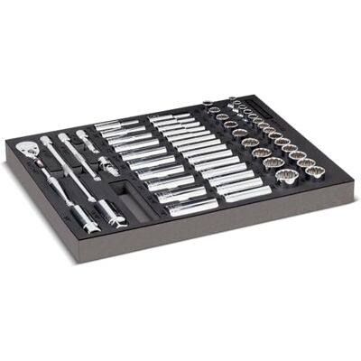Powerbuilt 54-częściowy zestaw narzędzi nasadowych i grzechotkowych, przedłużki, głębokie i płytkie gniazda, taca organizująca, seria Pro Tech 949005 Powerbuilt 54-częściowy zestaw narzędzi nasadowych i grzechotkowych, przedłużki, głębokie i płytkie gniazda, taca organizująca, seria Pro Tech 949005