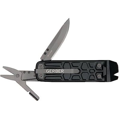 Gerber Multi-Tool z 7 funkcjami, nóż ze zwykłym ostrzem i klipsem do paska, Lockdown Slim Pry, żeliwo/5Cr15MoV, Onyx, 30-001735 Gerber Multi-Tool z 7 funkcjami, nóż ze zwykłym ostrzem i klipsem do paska, Lockdown Slim Pry, żeliwo/5Cr15MoV, Onyx, 30-001735