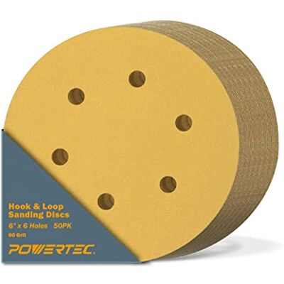 POWERTEC 45206G-50 6-calowe 6-otworowe tarcze szlifierskie o ziarnistości 60, złote, 50-pak POWERTEC 45206G-50 6-calowe 6-otworowe tarcze szlifierskie o ziarnistości 60, złote, 50-pak