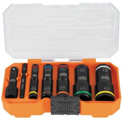 KLEIN TOOLS 65618 8-częściowy zestaw nasadek głębokich uderzeń z obudową modułową, 5 gniazd oznaczonych kolorami, 10 rozmiarów SAE, adaptery, napędy 1/4, 3/8-calowe KLEIN TOOLS 65618 8-częściowy zestaw nasadek głębokich uderzeń z obudową modułową, 5 gniazd oznaczonych kolorami, 10 rozmiarów SAE, adaptery, napędy 1/4, 3/8-calowe