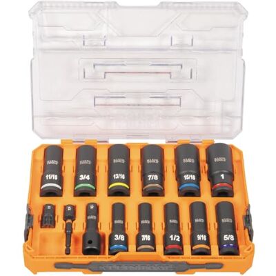 KLEIN TOOLS 65111IMPCT KNECT zestaw nasadek udarowych, napęd 1/2-calowy, SAE, oznaczony kolorami, obudowa MODbox, adapter udarowy i przedłużenie, 14-częściowy KLEIN TOOLS 65111IMPCT KNECT zestaw nasadek udarowych, napęd 1/2-calowy, SAE, oznaczony kolorami, obudowa MODbox, adapter udarowy i przedłużenie, 14-częściowy