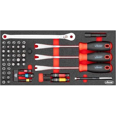 Vigor Zestaw narzędzi V5090, moduł S 393 x 188 x 35 mm, zestaw klipsów, podnośnik magnetyczny, adapter i klucz zapadkowy Vigor Zestaw narzędzi V5090, moduł S 393 x 188 x 35 mm, zestaw klipsów, podnośnik magnetyczny, adapter i klucz zapadkowy