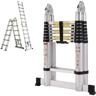 Nictemaw Wielofunkcyjna drabina składana 2 w 1, drabina teleskopowa 5 m, z aluminium, obciążenie 150 kg, 16 szczebli Nictemaw Wielofunkcyjna drabina składana 2 w 1, drabina teleskopowa 5 m, z aluminium, obciążenie 150 kg, 16 szczebli