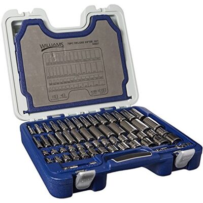 Williams 50607 79-częściowy zestaw narzędzi 3/20.3 cm Drive Deluxe, 6 i 12-punktowy, wytrzymały zestaw, SAE i metryczny, z bitami sześciokątnymi 1/10.2 cm Williams 50607 79-częściowy zestaw narzędzi 3/20.3 cm Drive Deluxe, 6 i 12-punktowy, wytrzymały zestaw, SAE i metryczny, z bitami sześciokątnymi 1/10.2 cm