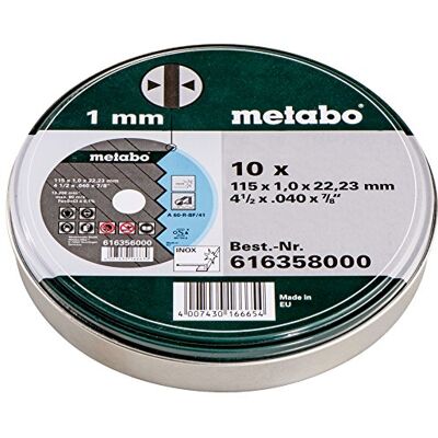 Metabo Tarcze Tnące SP 115x1,0 mm do Stali Inox, Zestaw 10 Sztuk Wydajne ściernice do cięcia metalu, typ TF 41, otwór 22,23 mm, w zestawie praktyczne pudełko blaszane Metabo Tarcze Tnące SP 115x1,0 mm do Stali Inox, Zestaw 10 Sztuk Wydajne ściernice do cięcia metalu, typ TF 41, otwór 22,23 mm, w zestawie praktyczne pudełko blaszane