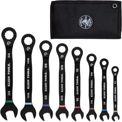 KLEIN TOOLS Zestaw kluczy płasko-oczkowych 69408G, SAE, 5/16 do 3/4 cala, stop stali 90-zębowej z woreczkiem piankowym, 8-częściowy KLEIN TOOLS Zestaw kluczy płasko-oczkowych 69408G, SAE, 5/16 do 3/4 cala, stop stali 90-zębowej z woreczkiem piankowym, 8-częściowy