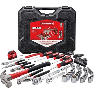 Craftsman 102-częściowy zestaw narzędzi do domu i samochodu, trwały zestaw narzędzi ręcznych z gniazdami metrycznymi/SAE (CMMT99449) Craftsman 102-częściowy zestaw narzędzi do domu i samochodu, trwały zestaw narzędzi ręcznych z gniazdami metrycznymi/SAE (CMMT99449)