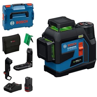 Bosch Laser Liniowy GLL 12V‑100‑33 CG (3×360° zielone linie laserowe, w zestawie uchwyt, klips sufitowy, 2× GBA 12V 2.0Ah, ładowarka GAL 12V‑40, L‑BOXX 136) – Amazon Exclusive Set Bosch Laser Liniowy GLL 12V‑100‑33 CG (3×360° zielone linie laserowe, w zestawie uchwyt, klips sufitowy, 2× GBA 12V 2.0Ah, ładowarka GAL 12V‑40, L‑BOXX 136) – Amazon Exclusive Set