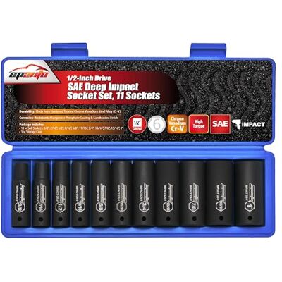 EPAUTO 1/2-Inch Drive SAE Deep Impact Socket Set, Cr-V, 6 Points, 11 Sockets EPAUTO 1/2-Inch Drive SAE Deep Impact Socket Set, Cr-V, 6 Points, 11 Sockets