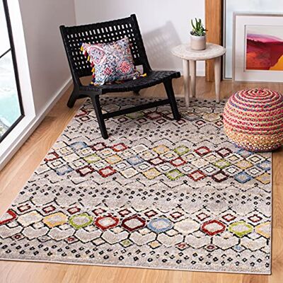 SAFAVIEH Dywan boho Chic do salonu, jadalni, sypialni, kolekcja Amsterdam, krótkie runo, jasnoszary i wielokolorowy, 122 x 183 cm SAFAVIEH Dywan boho Chic do salonu, jadalni, sypialni, kolekcja Amsterdam, krótkie runo, jasnoszary i wielokolorowy, 122 x 183 cm