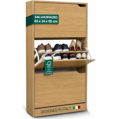 BAKAJI Szafka na buty MDF drewniana półka na buty z 3 drzwiami wysuwanymi uchwytami podwójna głębokość kompaktowy rozmiar slim 63 x 24 x 115 cm zajmuje mało miejsca wejście do domu (dąb) BAKAJI Szafka na buty MDF drewniana półka na buty z 3 drzwiami wysuwanymi uchwytami podwójna głębokość kompaktowy rozmiar slim 63 x 24 x 115 cm zajmuje mało miejsca wejście do domu (dąb)