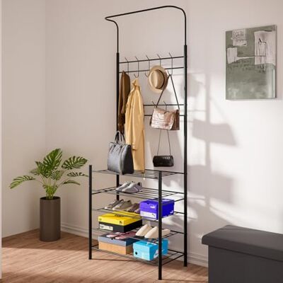 BAKAJI Metalowy stojak na ubrania wejściowe z 18 haczykami, solidna konstrukcja, wytrzymały wieszak na ubrania podłogowe, do salonu, idealny do płaszcza, czapki, torby, buty (5 półek) BAKAJI Metalowy stojak na ubrania wejściowe z 18 haczykami, solidna konstrukcja, wytrzymały wieszak na ubrania podłogowe, do salonu, idealny do płaszcza, czapki, torby, buty (5 półek)