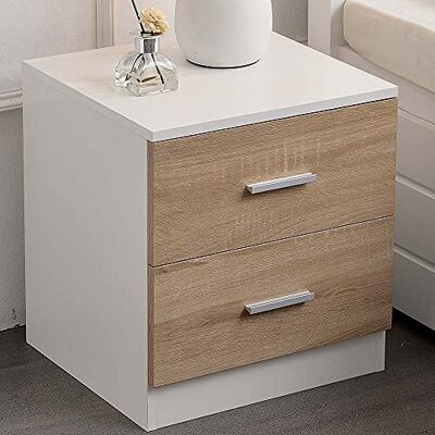 BAKAJI Szafka nocna do sypialni komoda 2 szuflady metalowy uchwyt nowoczesny design drewno MDF meble domowe Rozmiar 44 x 40 x 38 cm kolor biały i dąb (2 szuflady) BAKAJI Szafka nocna do sypialni komoda 2 szuflady metalowy uchwyt nowoczesny design drewno MDF meble domowe Rozmiar 44 x 40 x 38 cm kolor biały i dąb (2 szuflady)