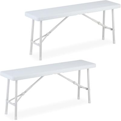 Relaxdays Ławka piwna, zestaw 2 sztuk, składana, tworzywo sztuczne, stal, ławka kempingowa, balkon i ogród, wys. x szer. x gł.: 42 x 100 x 25 cm, biała Relaxdays Ławka piwna, zestaw 2 sztuk, składana, tworzywo sztuczne, stal, ławka kempingowa, balkon i ogród, wys. x szer. x gł.: 42 x 100 x 25 cm, biała