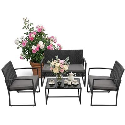 Relaxdays Zestaw mebli ogrodowych, 4-częściowy zestaw mebli rattanowych, 4 osoby, ławka, krzesła i szklany stół, meble wypoczynkowe, do użytku na zewnątrz, czarny Relaxdays Zestaw mebli ogrodowych, 4-częściowy zestaw mebli rattanowych, 4 osoby, ławka, krzesła i szklany stół, meble wypoczynkowe, do użytku na zewnątrz, czarny