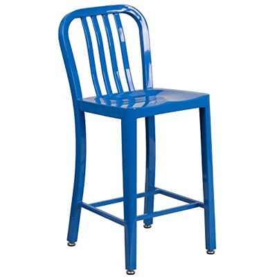 Flash Furniture Wysoki stołek do użytku wewnątrz i na zewnątrz z pionowymi listwami tylnymi, metalowy niebieski, 121,92 x 60,96 x 43,18 cm Flash Furniture Wysoki stołek do użytku wewnątrz i na zewnątrz z pionowymi listwami tylnymi, metalowy niebieski, 121,92 x 60,96 x 43,18 cm