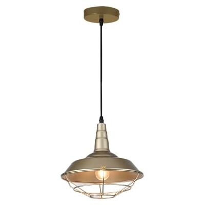 GTV SOLEN lampa wisząca Ø 26,5 cm – metalowy klosz w kolorze złotym z klatką ochronną, E27, IP20, kabel z regulacją wysokości, płomień; do stołu w jadalni, wyspy kuchennej, baru – przemysłowe GTV SOLEN lampa wisząca Ø 26,5 cm – metalowy klosz w kolorze złotym z klatką ochronną, E27, IP20, kabel z regulacją wysokości, płomień; do stołu w jadalni, wyspy kuchennej, baru – przemysłowe