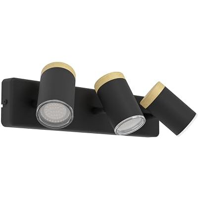 EGLO 3-punktowa lampa sufitowa Consuma, reflektor sufitowy do salonu i łazienki oprawa podsufitowa zami drewno stal w kolorze czarnym GU10 IP44 EGLO 3-punktowa lampa sufitowa Consuma, reflektor sufitowy do salonu i łazienki oprawa podsufitowa zami drewno stal w kolorze czarnym GU10 IP44