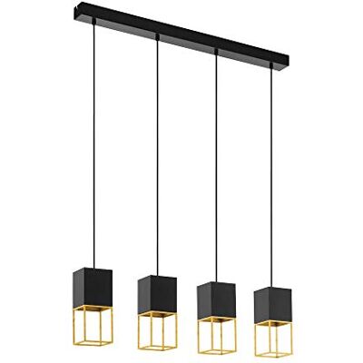 EGLO Lampa wisząca Montebaldo, 4 żarówki w stylu vintage, industrialnym, nowoczesna lampa wisząca ze stali w kolorze czarnym, złotym, do jadalni, lampa do salonu wisząca z oprawą GU10 EGLO Lampa wisząca Montebaldo, 4 żarówki w stylu vintage, industrialnym, nowoczesna lampa wisząca ze stali w kolorze czarnym, złotym, do jadalni, lampa do salonu wisząca z oprawą GU10