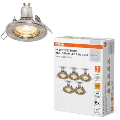 OSRAM Wpuszczana lampa sufitowa szczotkowany nikiel, ciepła biel Spot Essential, Spot lights and ceiling spots, Szczotkowany nikiel, 80 mm dia, 25000 h, opakowanie 5 sztuk OSRAM Wpuszczana lampa sufitowa szczotkowany nikiel, ciepła biel Spot Essential, Spot lights and ceiling spots, Szczotkowany nikiel, 80 mm dia, 25000 h, opakowanie 5 sztuk