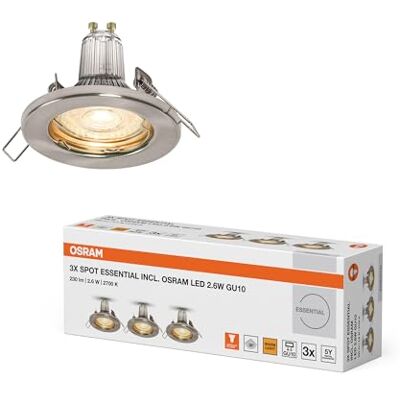 OSRAM Wpuszczana lampa sufitowa szczotkowany nikiel, ciepła biel Spot Essential, Spot lights and ceiling spots, Szczotkowany nikiel, 80 mm dia, 25000 h, opakowanie 3 sztuk OSRAM Wpuszczana lampa sufitowa szczotkowany nikiel, ciepła biel Spot Essential, Spot lights and ceiling spots, Szczotkowany nikiel, 80 mm dia, 25000 h, opakowanie 3 sztuk