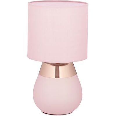 Relaxdays Lampa stołowa, metalowa podstawa, abażur z materiału, E14, wys. x śr.: 32 x 18 cm, lampka nocna z kablem, do sypialni, różowa/miedź Relaxdays Lampa stołowa, metalowa podstawa, abażur z materiału, E14, wys. x śr.: 32 x 18 cm, lampka nocna z kablem, do sypialni, różowa/miedź